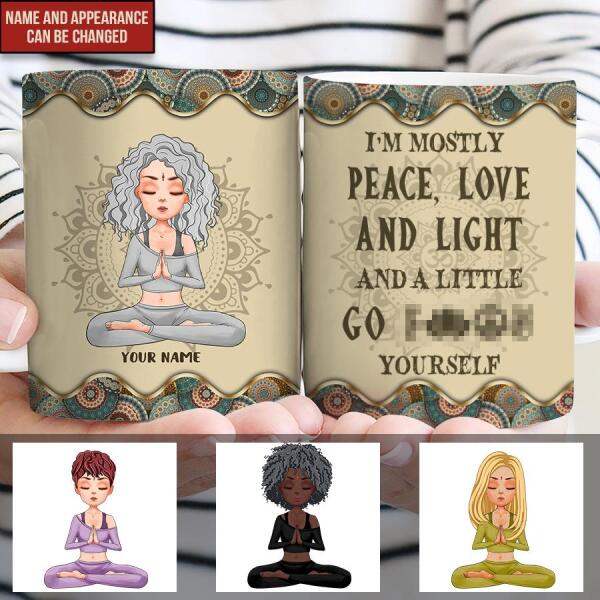 Personalized Yoga Mug, I'm Mostly Peace Love And Light mug, Gift For Yoga Lover, Mandala Yoga Girl