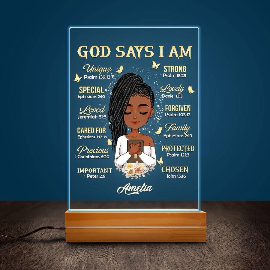 Personalized 3D LED Light Wooden Base, Gifts for Melanin Afro Woman, God Says I am