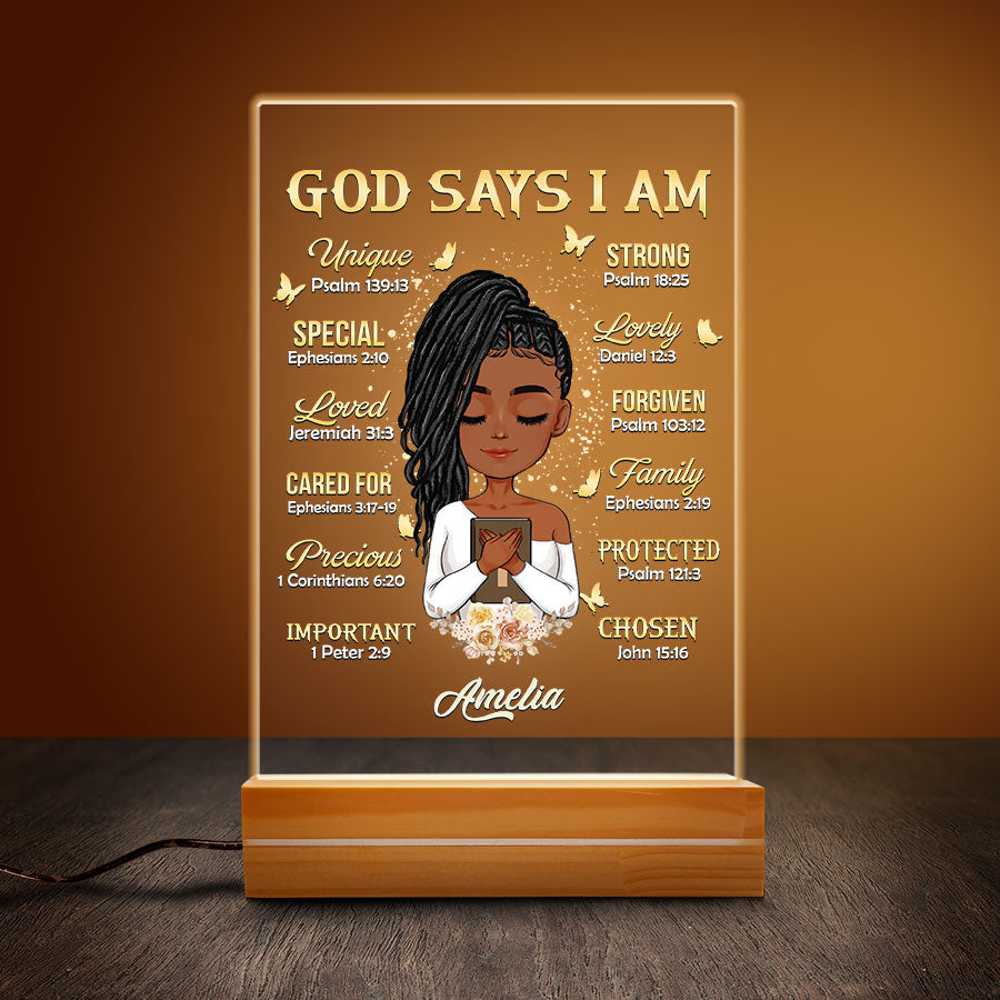Personalized 3D LED Light Wooden Base, Gifts for Melanin Afro Woman, God Says I am