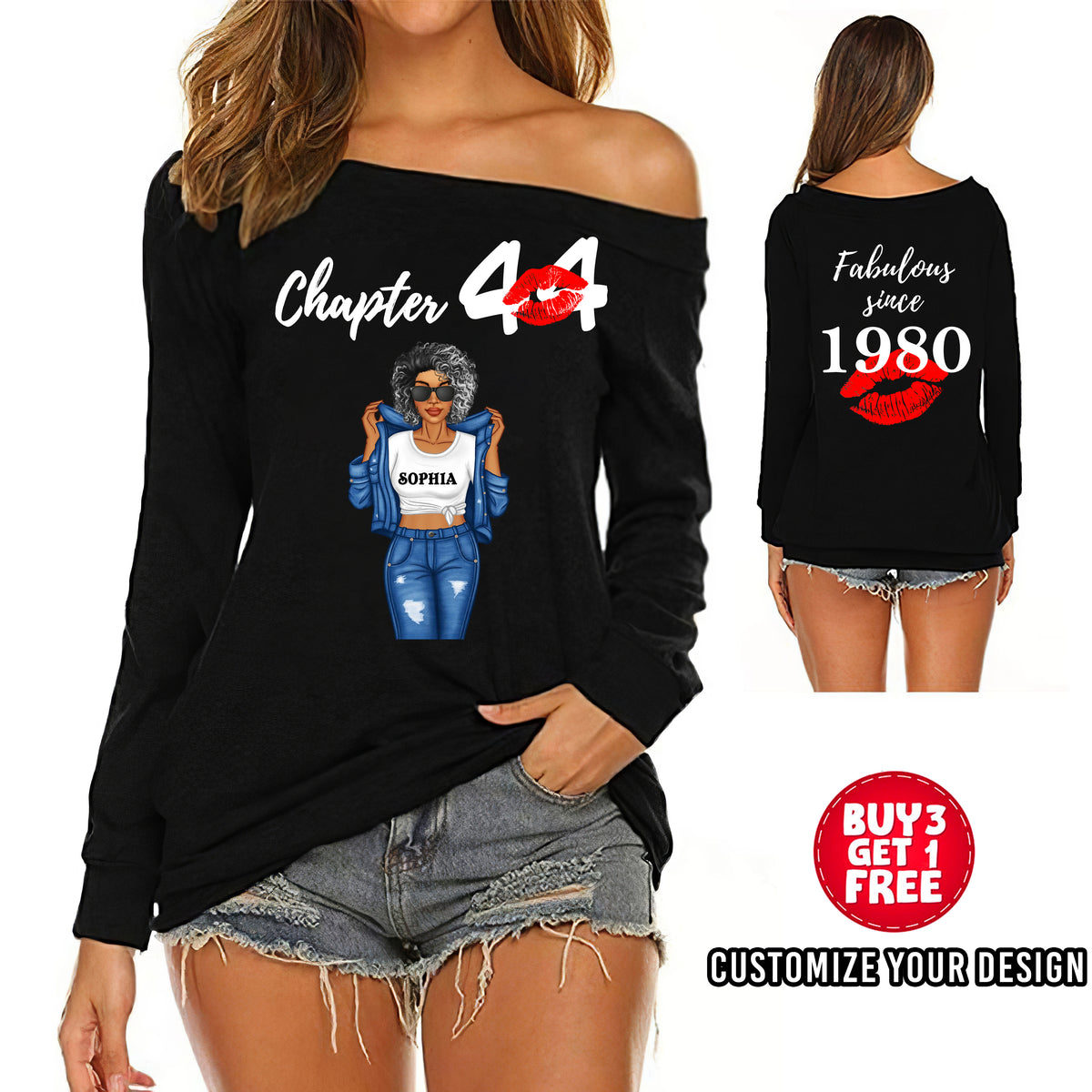 Women&#39;s Off-Shoulder Sweatshirt, Chapter 44, Fabulous Since 1980 44th Birthday  - ALK