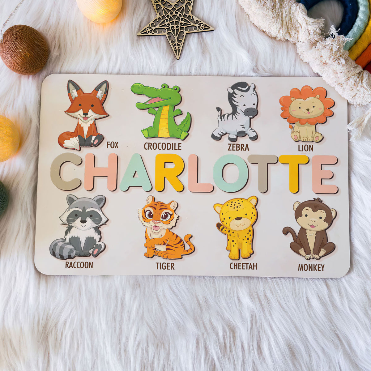 Personalized BusyBoard with Jungle Animals, Custom Sensory Board for kids, Safari Nursery toys for kids, Montessori Board, Wooden Puzzle Board