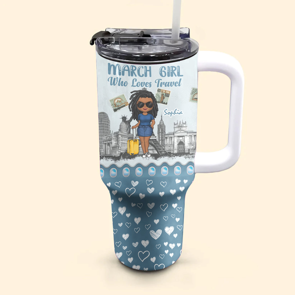 Personalized Tumbler With Straw, March Birthday Gift For Travel Lovers