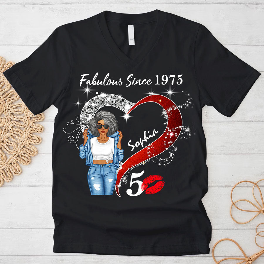 Custom Birthday Shirt, Her Gifts For 50 Years Old , Turning 50 Birthday Cotton Shirt, Fabulous Since 1975-TQL