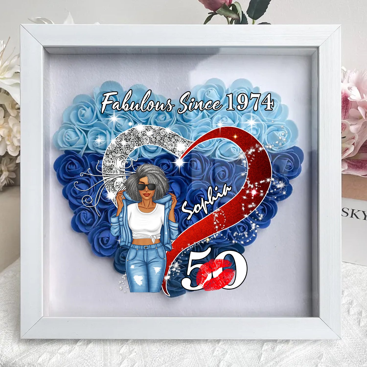 Personalized Flower Shadow Box - Gifts For Women Turning 50 - HMT