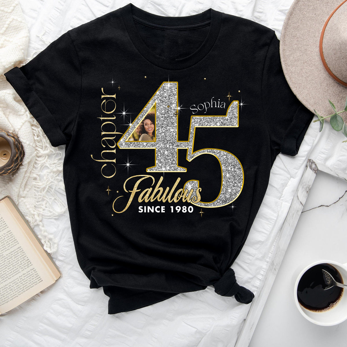 Custom Face Photo 45&#39;s Birthday Shirt, 45th Birthday Unique T Shirt For Woman, Custom Birthday Shirt, Her Gifts For 45 Years Old , Turning 45 Birthday Cotton Shirt-YPT-ALK