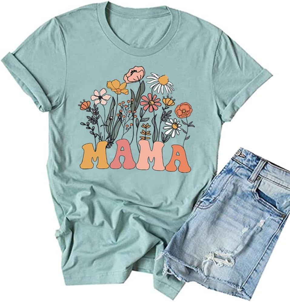 Mama Shirts for Women Retro Floral Mama Letter Printed Mother&#39;s Day Shirt Graphic Tshirt Mom Casual Tee Tops