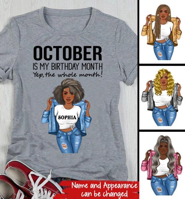 Personalized Birthday T Shirt, October is my birthday month, yep the whole month, Her Birthday Gifts For October, Afro Girls Shirt For Black Woman