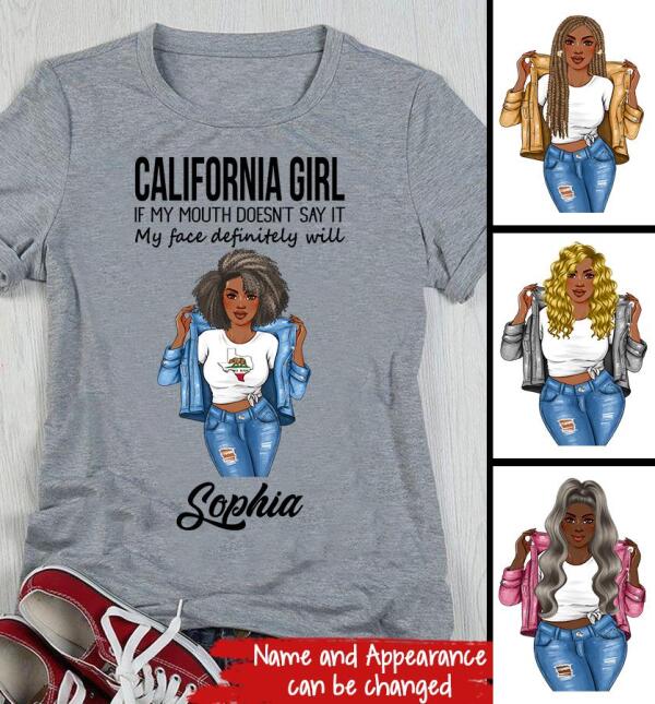 Personalized California T Shirt, California girl, If my mouth doesn't say it, my face definitely will, Afro Girls Shirt For Black Woman