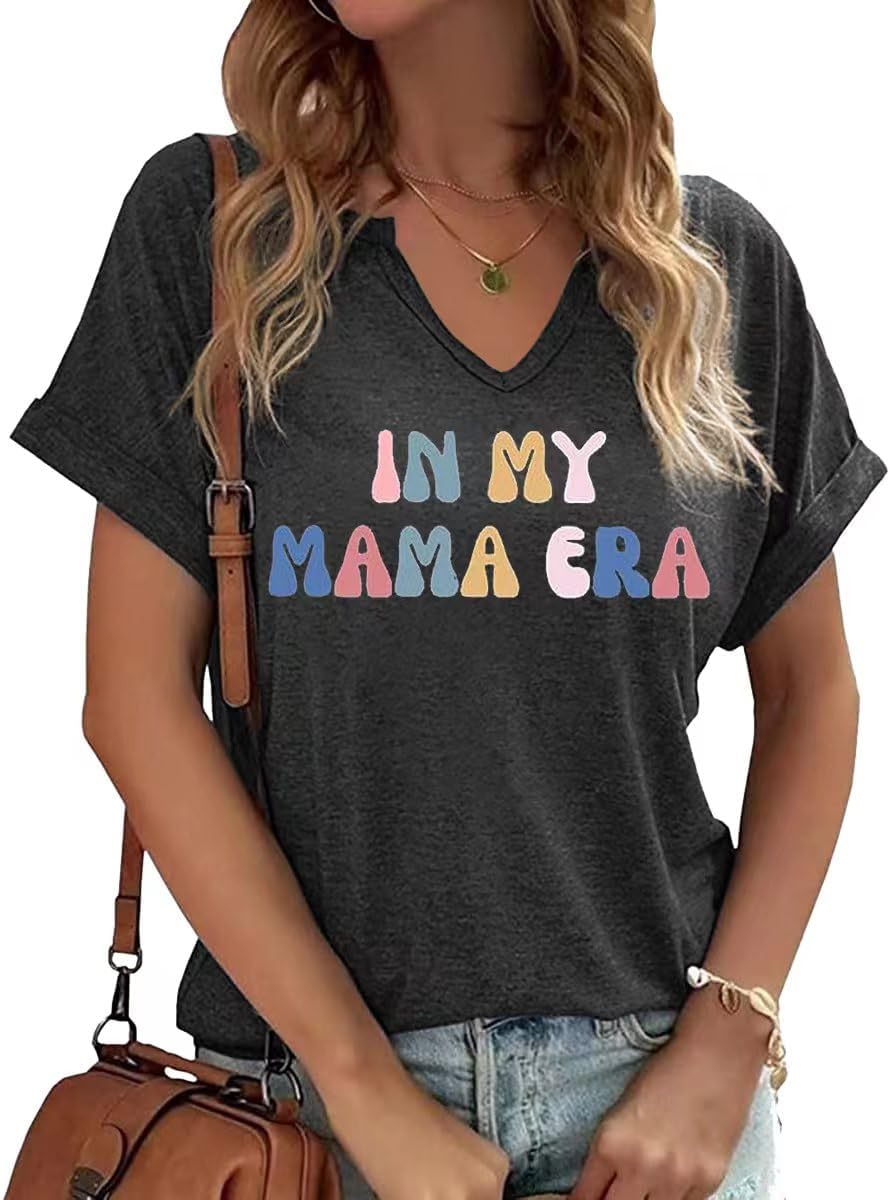 Mama V Neck Shirt Women Funny Mom Life T-Shirt Mother&#39;s Day Short Sleeve Graphic Tees Mama Gift Casual Tops Blouse Mother Shirt