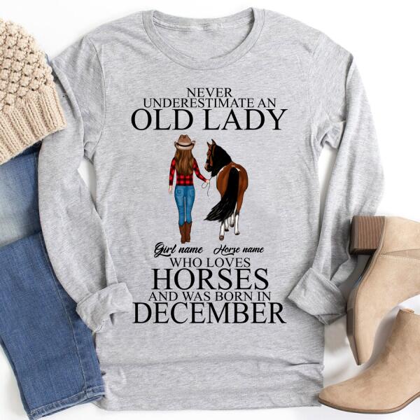 Personalized Birthday Cowgirl T Shirt, Never underestimate an old Lady who loves horses and was born in December, Birthday Gifts For December, T Shirt for Horse Lovers