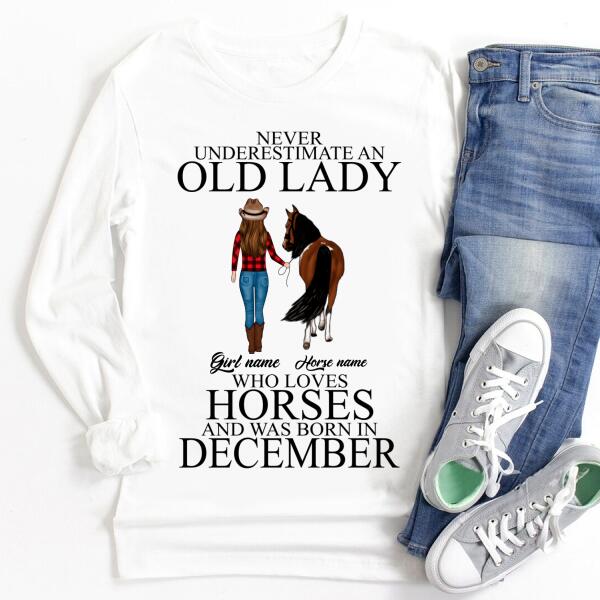 Personalized Birthday Cowgirl T Shirt, Never underestimate an old Lady who loves horses and was born in December, Birthday Gifts For December, T Shirt for Horse Lovers