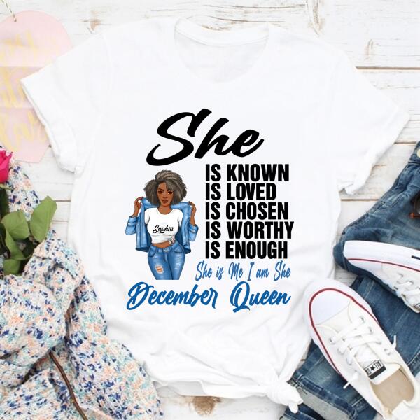 Personalized Birthday T Shirt, December Queen shirt, Queens Are Born In December Cotton T-Shirt, December Birthday Gifts For Afro Woman, December Birthday Gifts