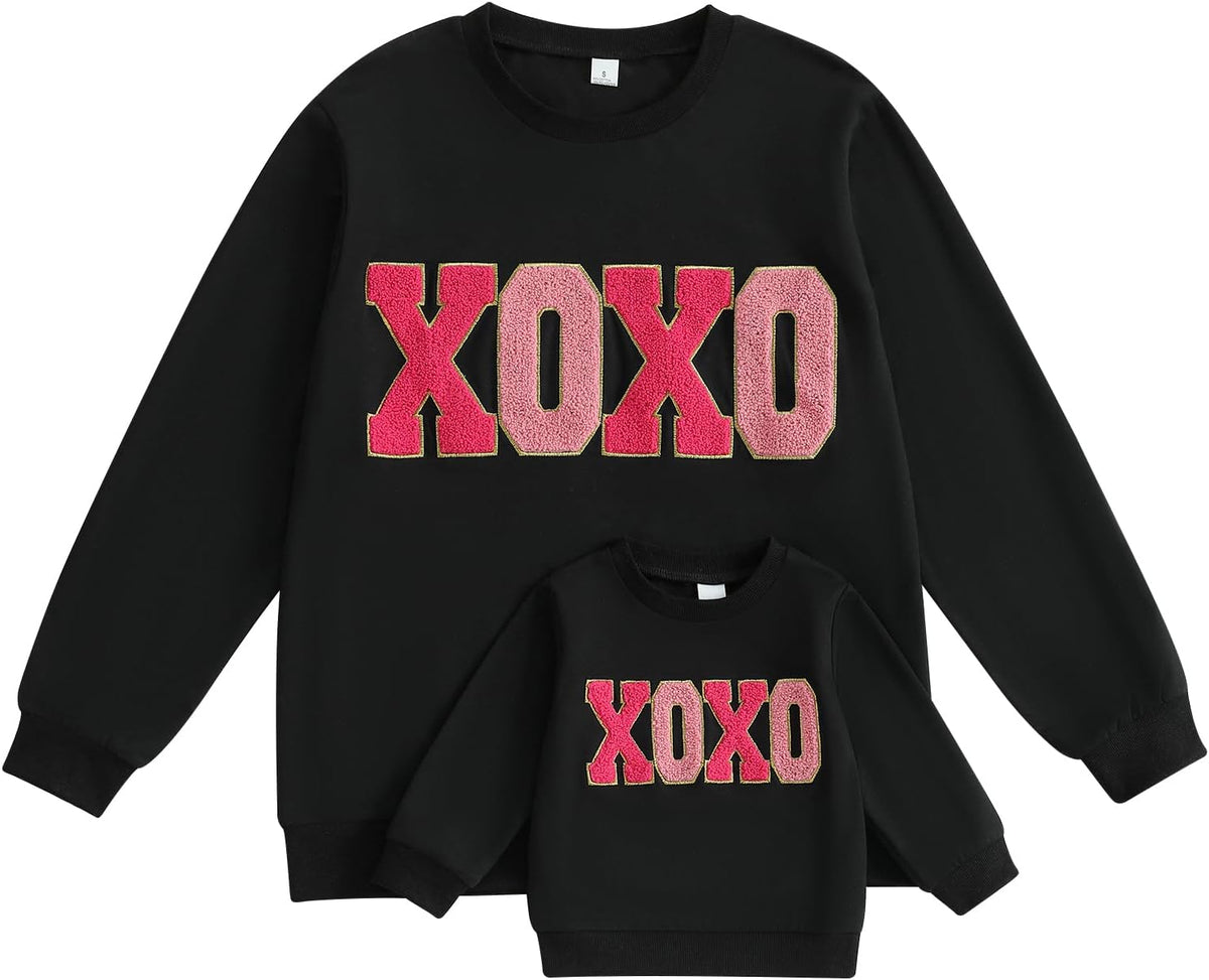 Karuedoo Mommy and Me Valentines Outfits Family Matching Shirts Letter Print Crewneck Long Sleeve Sweatshirt Pullover Top