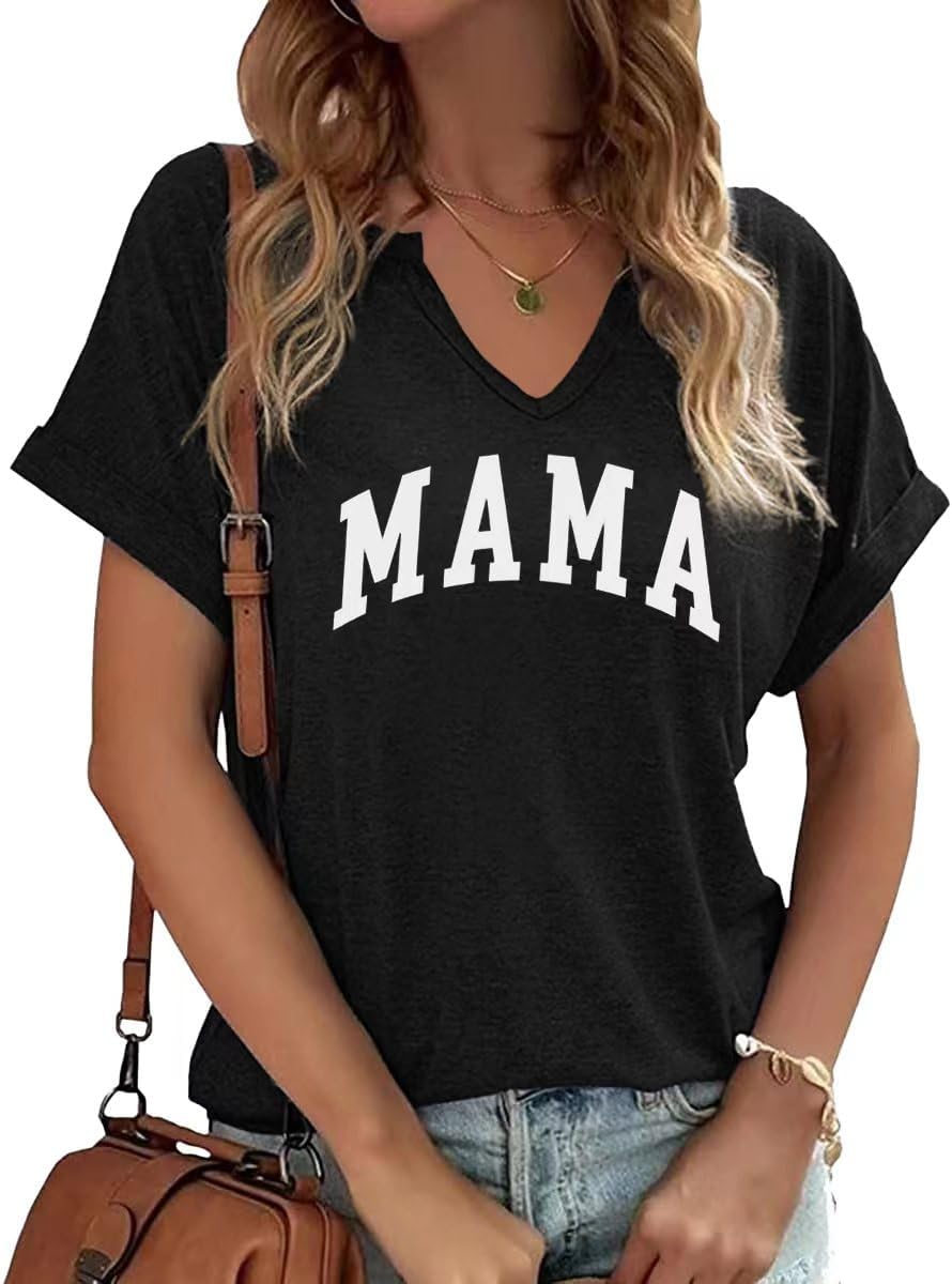 Mama V Neck Shirt Women Funny Mom Life T-Shirt Mother&#39;s Day Short Sleeve Graphic Tees Mama Gift Casual Tops Blouse Mother Shirt