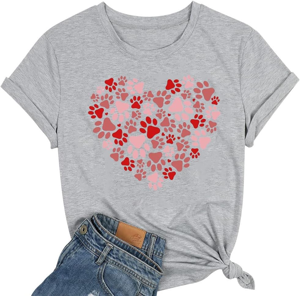 Dog Lovers Shirt for Women Cute Dog Paw Heart Graphic Shirt Dog Mom Valentine&#39;s Mother&#39;s Day Tops Spring Tee