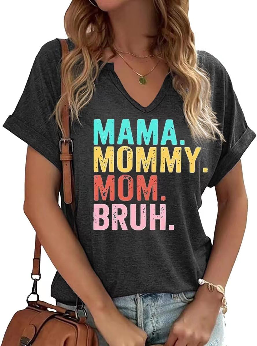 Mama V Neck Shirt Women Funny Mom Life T-Shirt Mother&#39;s Day Short Sleeve Graphic Tees Mama Gift Casual Tops Blouse Mother Shirt