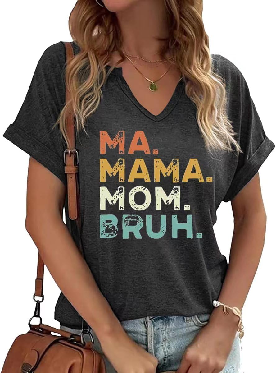 Mama V Neck Shirt Women Funny Mom Life T-Shirt Mother&#39;s Day Short Sleeve Graphic Tees Mama Gift Casual Tops Blouse Mother Shirt