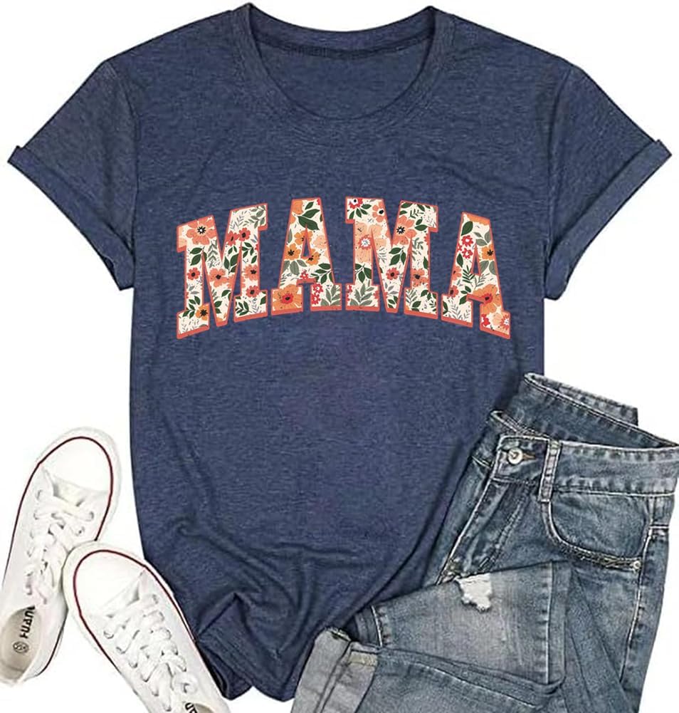 Mama Shirts for Women Retro Floral Mama Letter Printed Mother's Day Shirt Graphic Tshirt Mom Casual Tee Tops