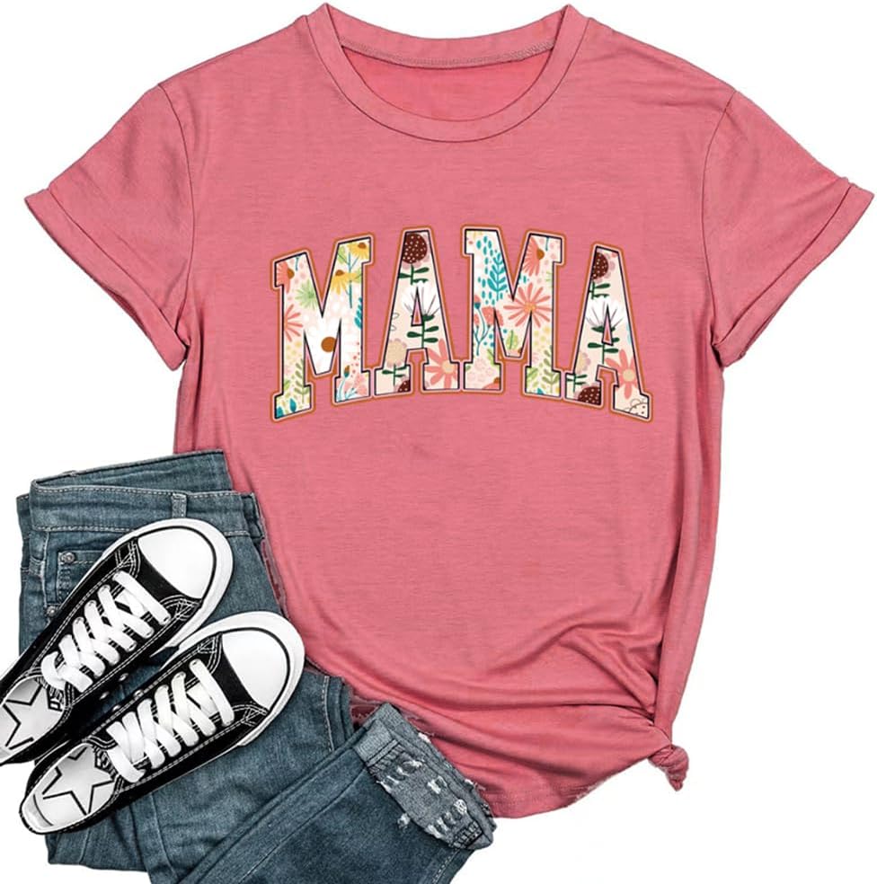 Mama Shirts for Women Retro Floral Mama Letter Printed Mother&#39;s Day Shirt Graphic Tshirt Mom Casual Tee Tops