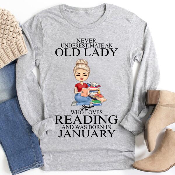 January Birthday Shirt, Custom Birthday Shirt, Never underestimate an Old Lady Who loves reading and was born in January, Her Birthday Gifts For January, Book Lover Shirt, Reading Gifts Cotton Shirt