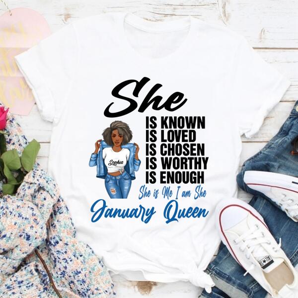 Personalized Birthday T Shirt, January Queen shirt, Queens Are Born In January Cotton T-Shirt, January Birthday Gifts For Afro Woman, January Birthday Gifts