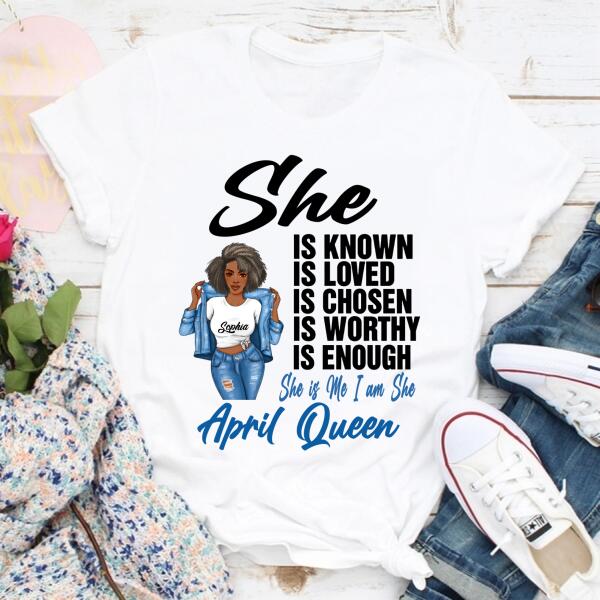 Personalized Birthday T Shirt, April Queen shirt, Queens Are Born In April Cotton T-Shirt, April Birthday Gifts For Afro Woman, April Birthday Gifts