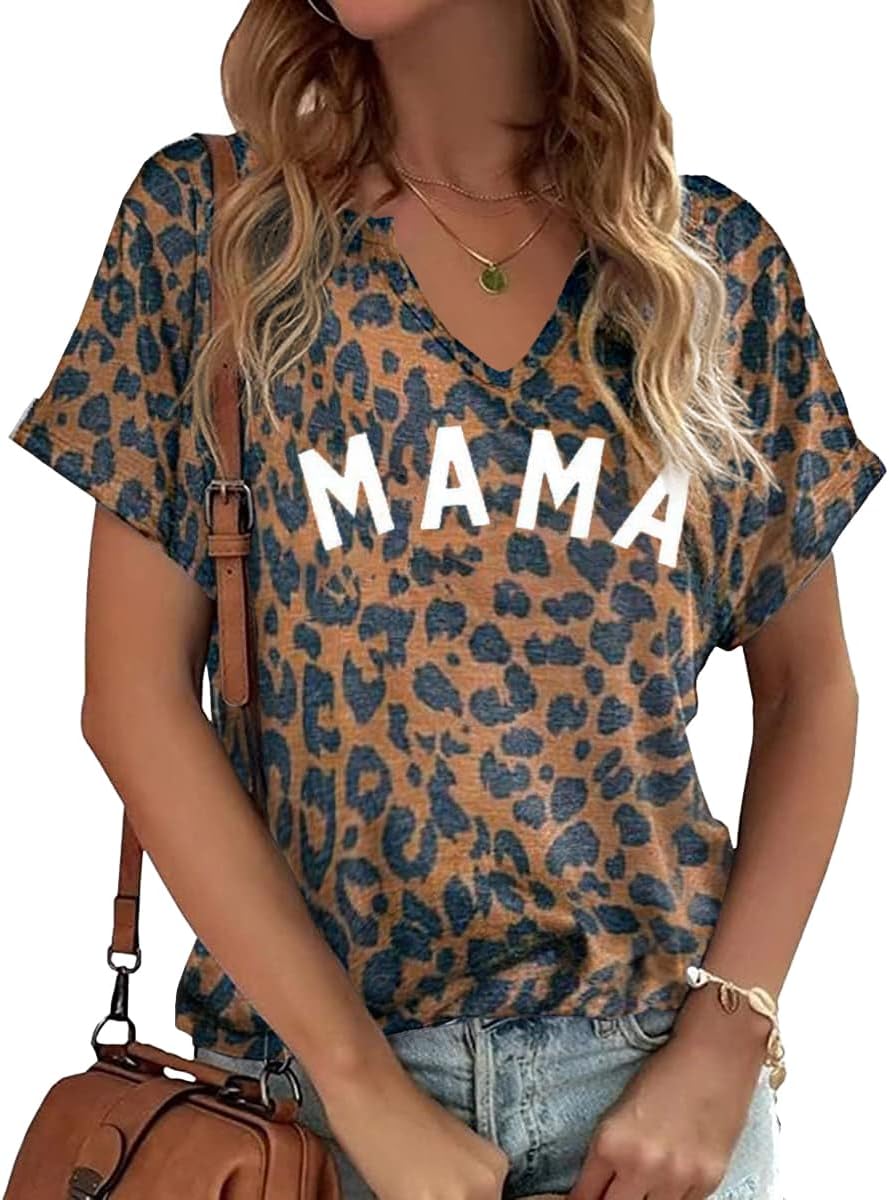Mama V Neck Shirt Women Funny Mom Life T-Shirt Mother&#39;s Day Short Sleeve Graphic Tees Mama Gift Casual Tops Blouse Mother Shirt