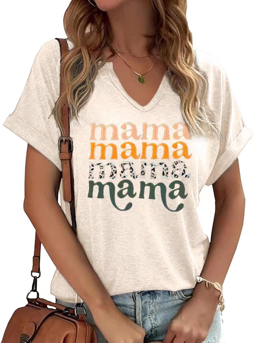 Mama V Neck Shirt Women Funny Mom Life T-Shirt Mother&#39;s Day Short Sleeve Graphic Tees Mama Gift Casual Tops Blouse Mother Shirt