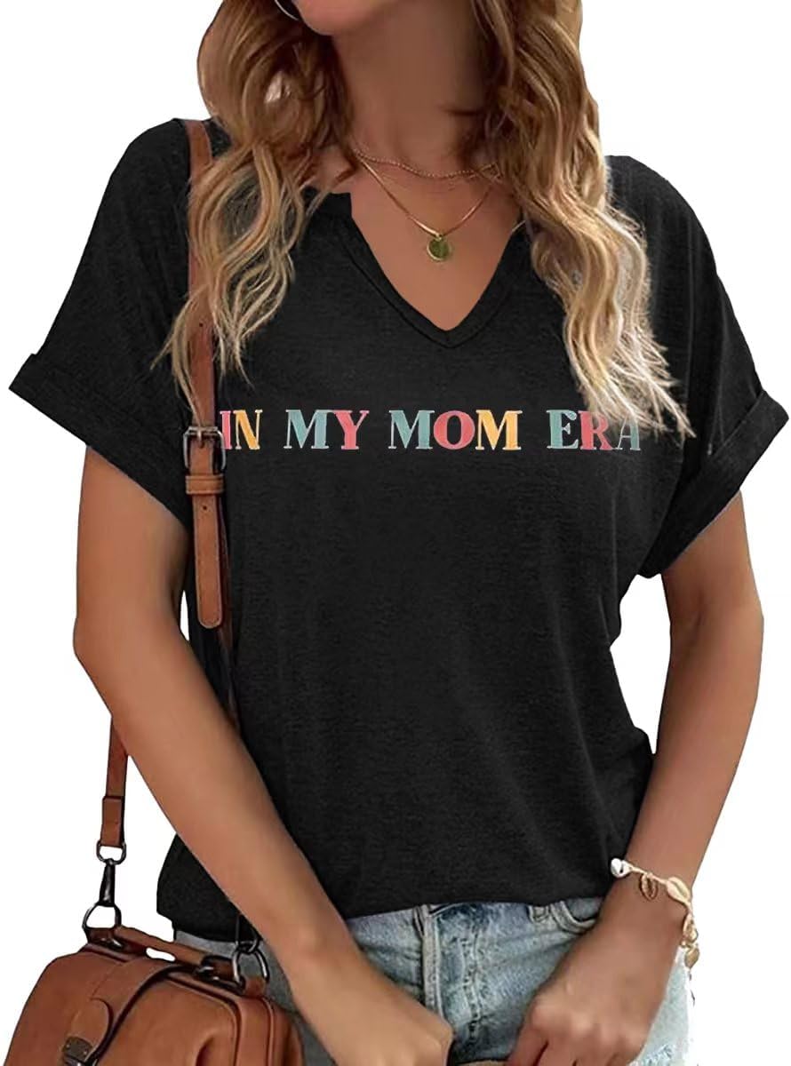 Mama V Neck Shirt Women Funny Mom Life T-Shirt Mother&#39;s Day Short Sleeve Graphic Tees Mama Gift Casual Tops Blouse Mother Shirt