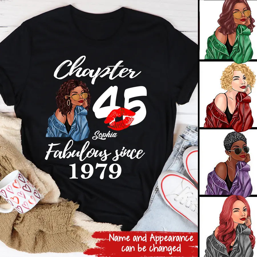 Custom Birthday Shirts, Chapter 45, Fabulous Since 1979 45th Birthday Unique T Shirt For Woman, Her Gifts For 45 Years Old, Turning 45 Birthday Cotton Shirt-HCT