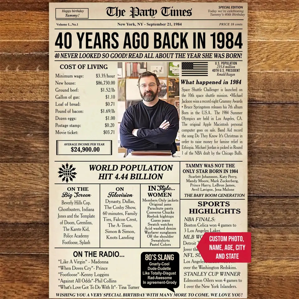 Personalized 40th birthday gift for men or women, 40th birthday newspaper poster, 40th birthday decor Printable, 40 years ago back in 1984