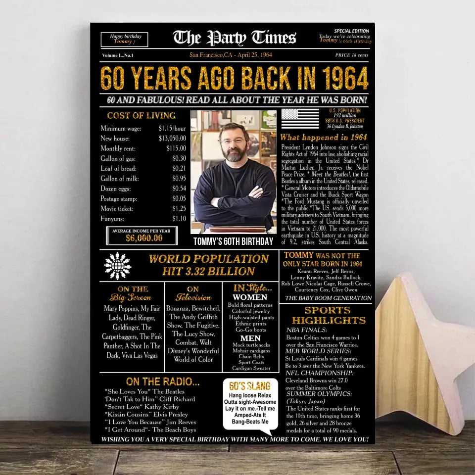 Personalized 60th birthday gift for men or women, 60th birthday newspaper poster, 60th birthday decor Printable, 60 years ago back in 1964