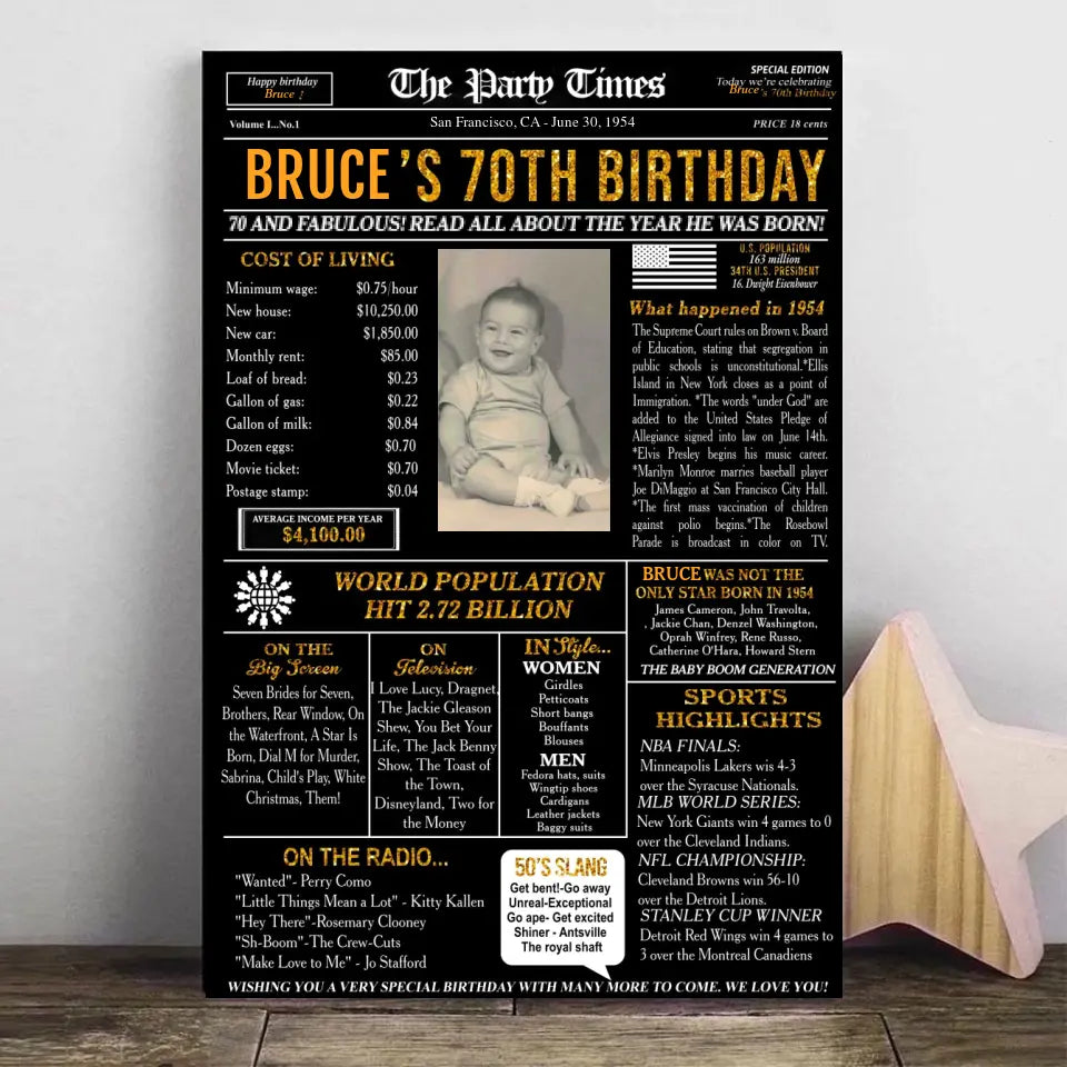 Personalized 70th birthday gift for men or women, 70th birthday newspaper poster, 70th birthday decor Printable, 70 years ago back in 1954