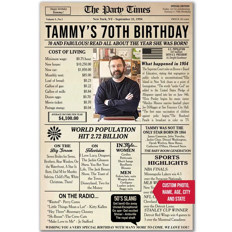 70th Birthday Newspaper Poster Sign Printable, 70th birthday gift for men or women, Back in 1954, 70th birthday decoration, 1954 birthday