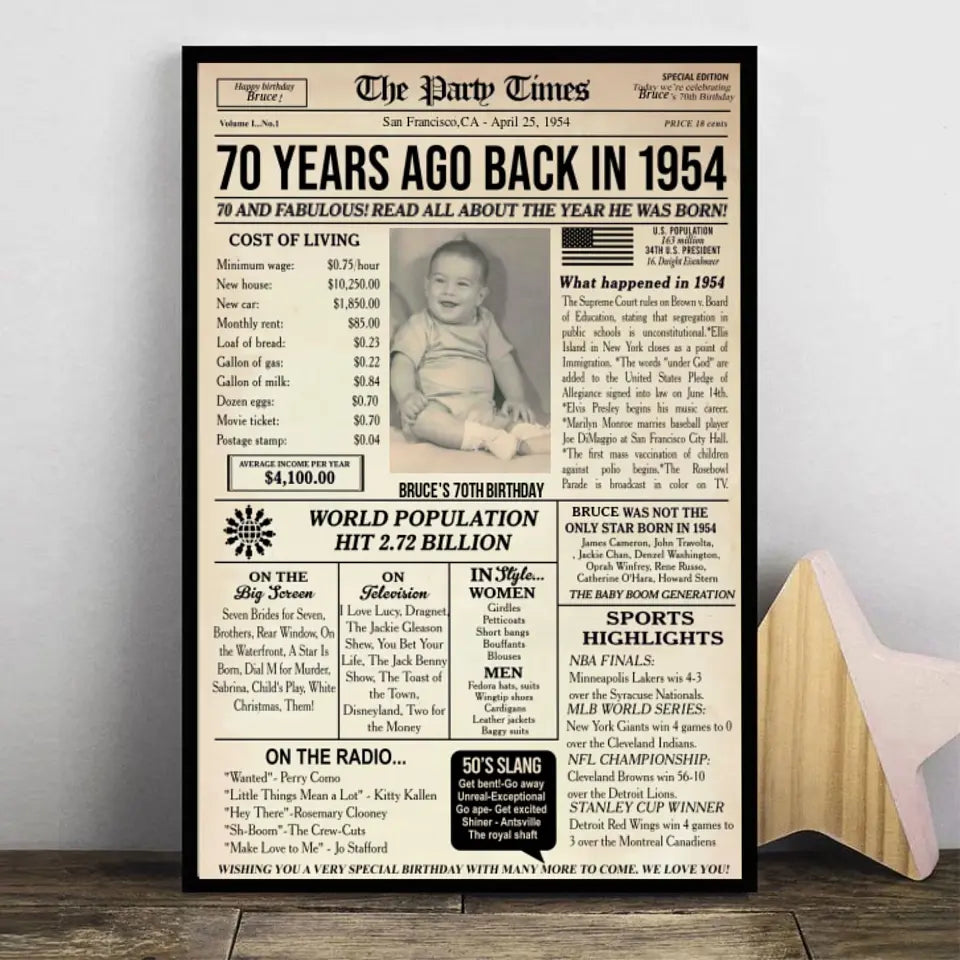 Personalized 70th birthday gift for men or women, 70th birthday newspaper poster, 70th birthday decor Printable, 70 years ago back in 1954