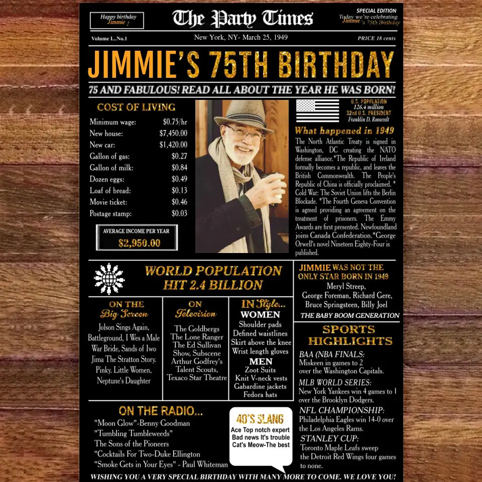 Personalized 75th birthday gift for men or women, 75th birthday newspaper poster, 75th birthday decor Printable, 75 years ago back in 1949