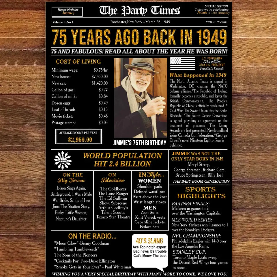 Personalized 75th birthday gift for men or women, 75th birthday newspaper poster, 75th birthday decor Printable, 75 years ago back in 1949