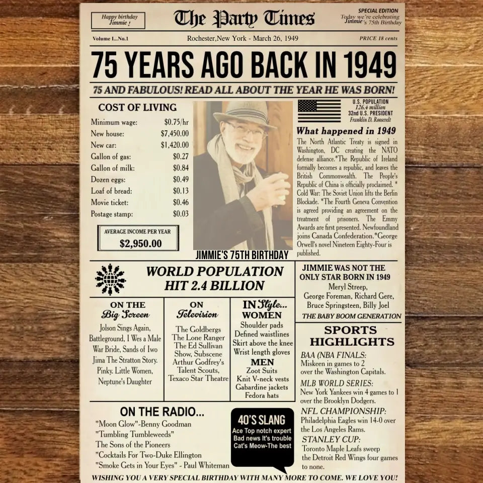 Personalized 75th birthday gift for men or women, 75th birthday newspaper poster, 75th birthday decor Printable, 75 years ago back in 1949