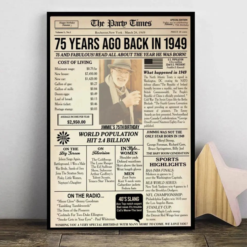 Personalized 75th birthday gift for men or women, 75th birthday newspaper poster, 75th birthday decor Printable, 75 years ago back in 1949