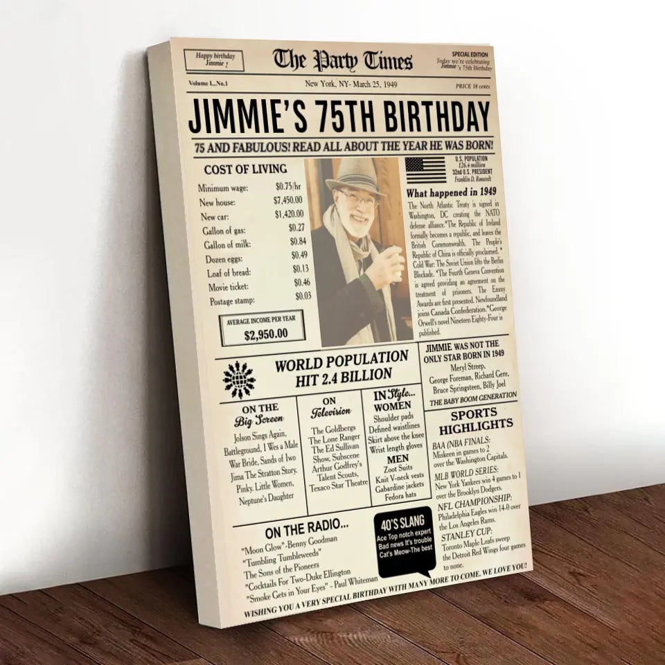 75th Birthday Newspaper Poster Sign Printable, 75th birthday gift for men or women, back in 1949, 75th birthday decorations, 1949 birthday