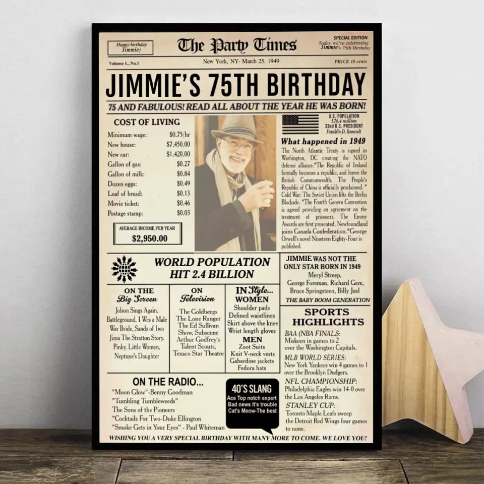 75th Birthday Newspaper Poster Sign Printable, 75th birthday gift for men or women, back in 1949, 75th birthday decorations, 1949 birthday