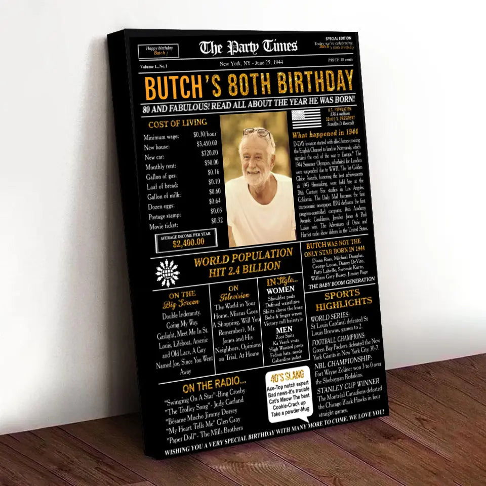 80th Birthday Newspaper Poster Sign Printable, 80th birthday gift for men or women, Back in 1944, 80th birthday decorations, party decor