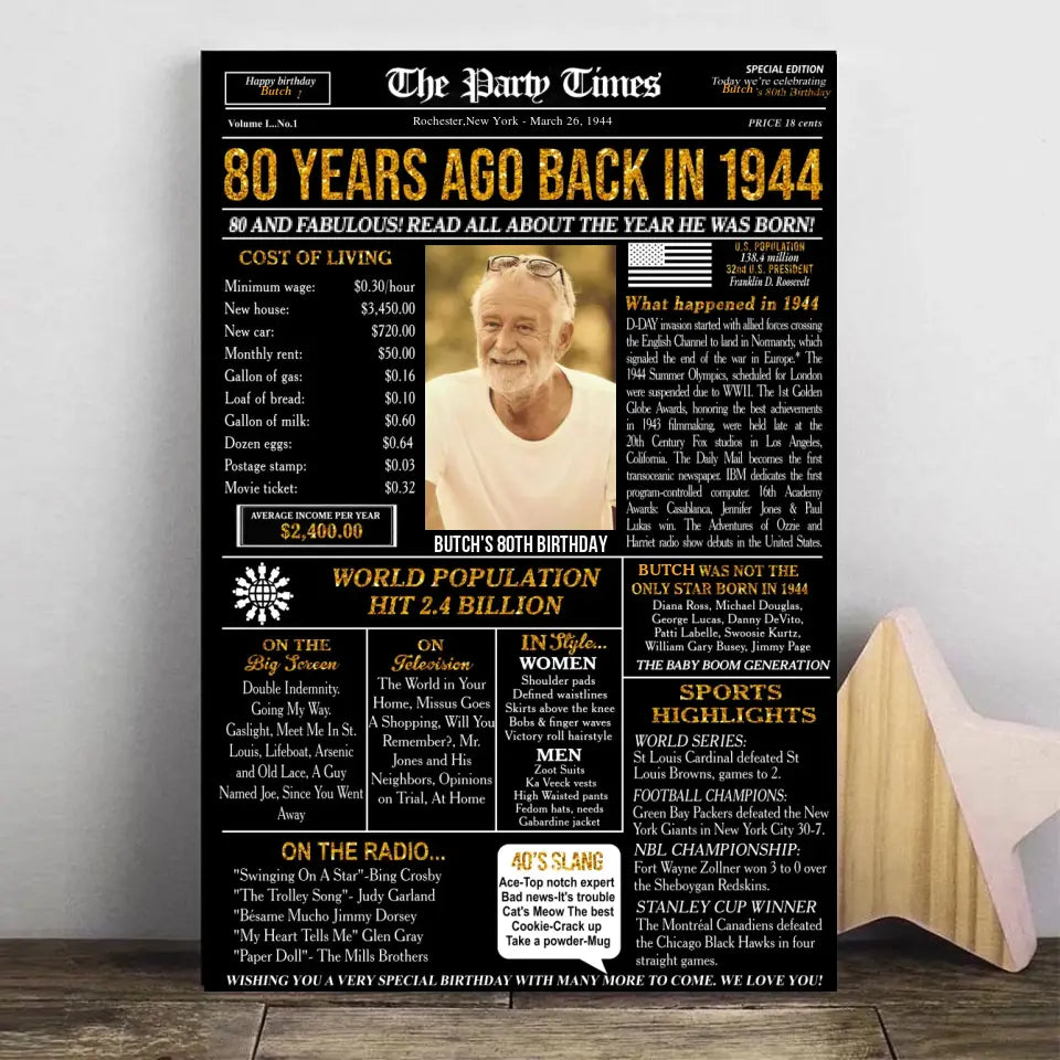 Custom 80th Birthday Gift Ideas Back in 1944 Birthday Newspaper Poster Canvas Turning 80 Birthday Party Decorations