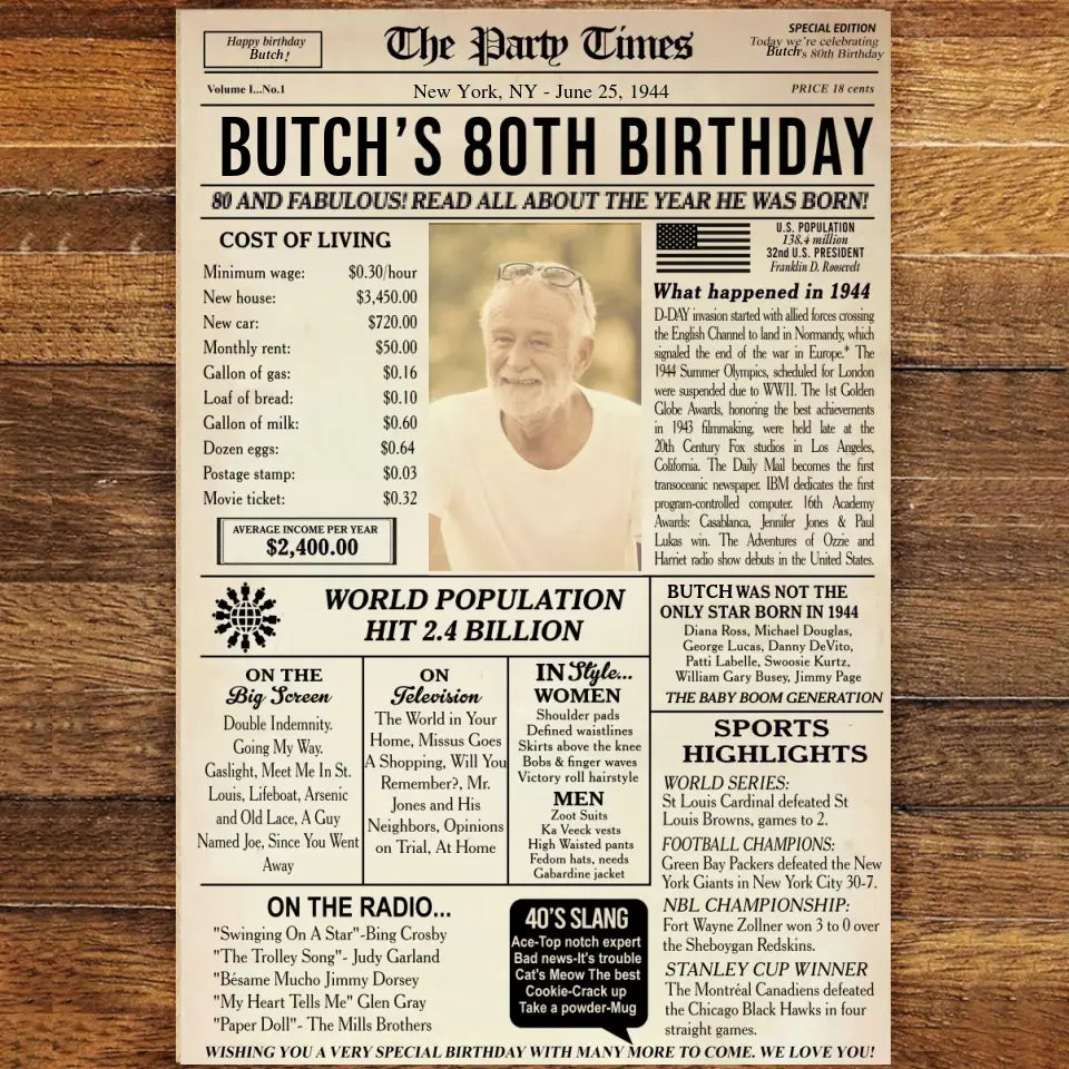 80th Birthday Newspaper Poster Sign Printable, 80th birthday gift for men or women, Back in 1944, 80th birthday decorations, party decor