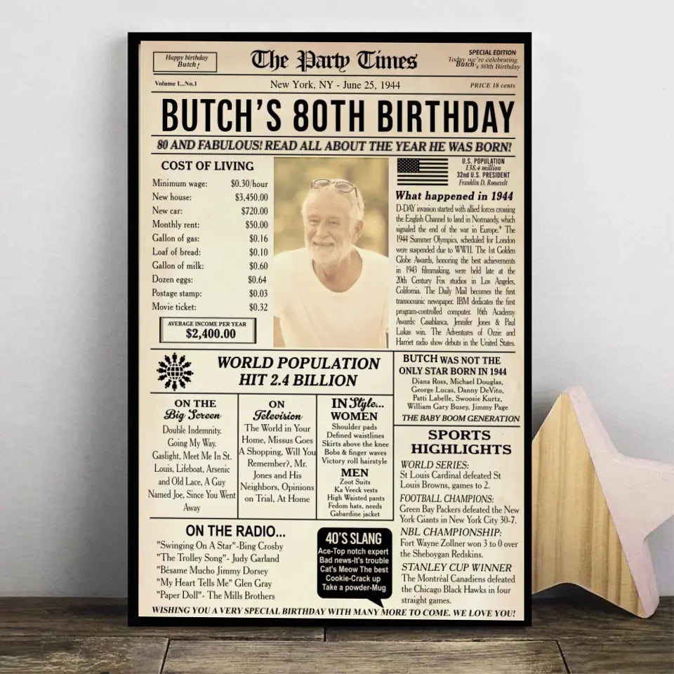80th Birthday Newspaper Poster Sign Printable, 80th birthday gift for men or women, Back in 1944, 80th birthday decorations, party decor
