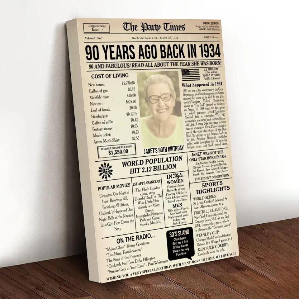 Personalized 90th birthday gift for men or women, 90th birthday newspaper poster, 90th birthday decor Printable, 90 years ago back in 1934