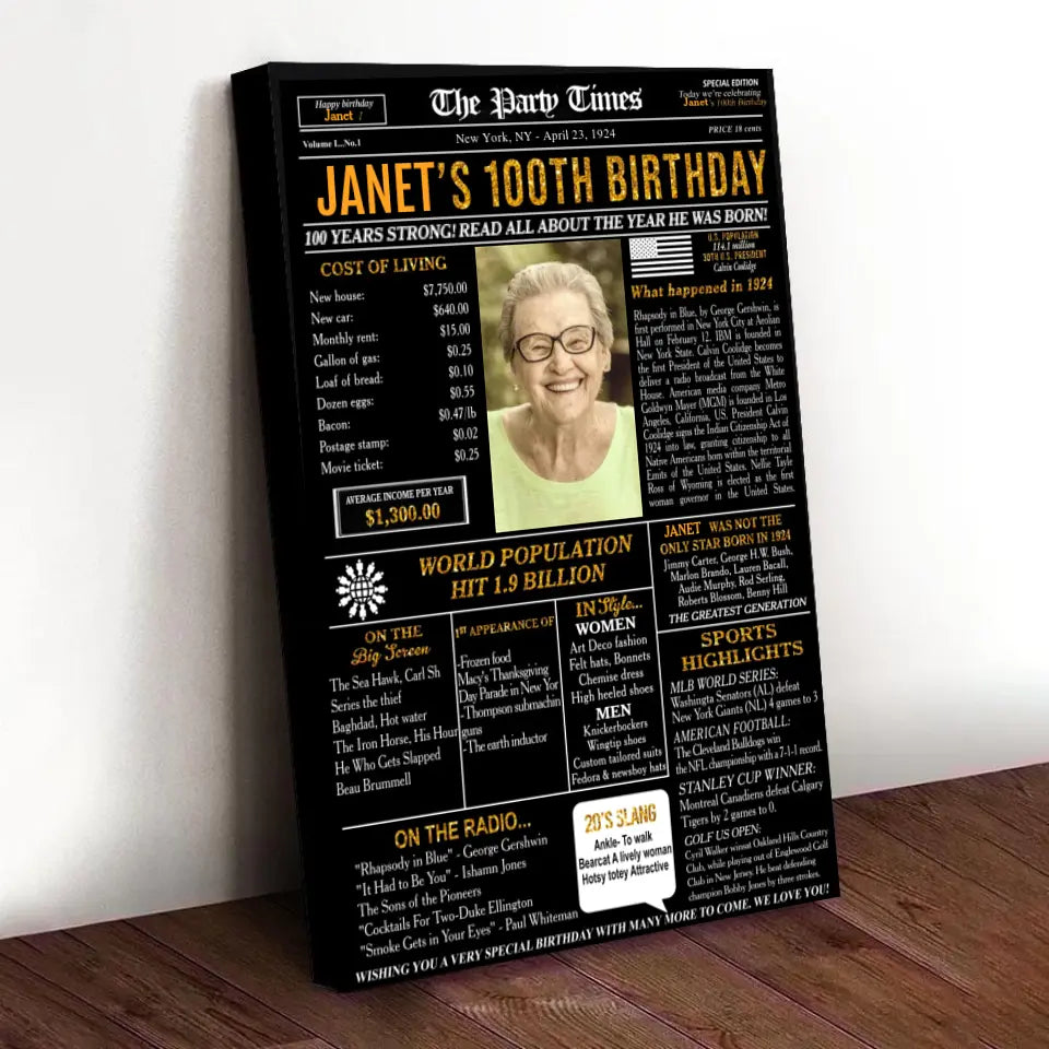 Custom 100th Birthday Gift Ideas Back in 1924 Birthday Newspaper Poster Canvas Turning 100 Birthday Party Decorations