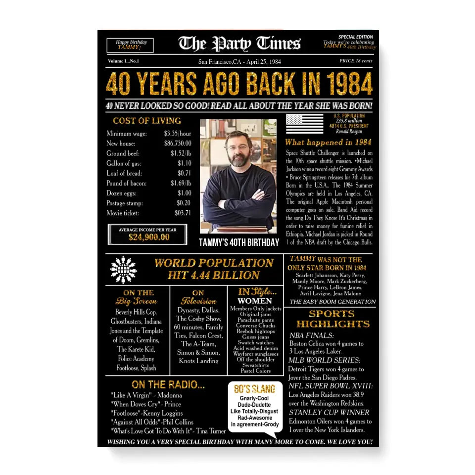 Personalized 40th birthday gift for men or women, 40th birthday newspaper poster, 40th birthday decor Printable, 40 years ago back in 1984