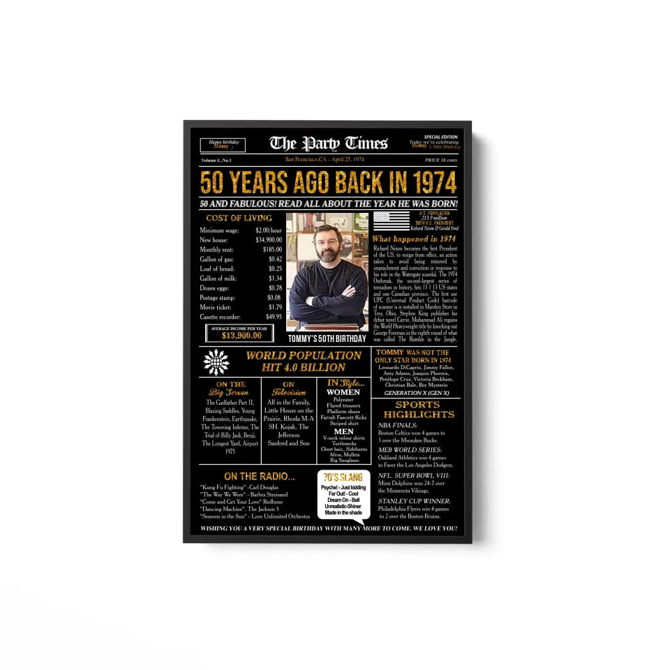 Personalized 50th birthday gift for men or women, 50th birthday newspaper poster, 50th birthday decor Printable, 50 years ago back in 1974