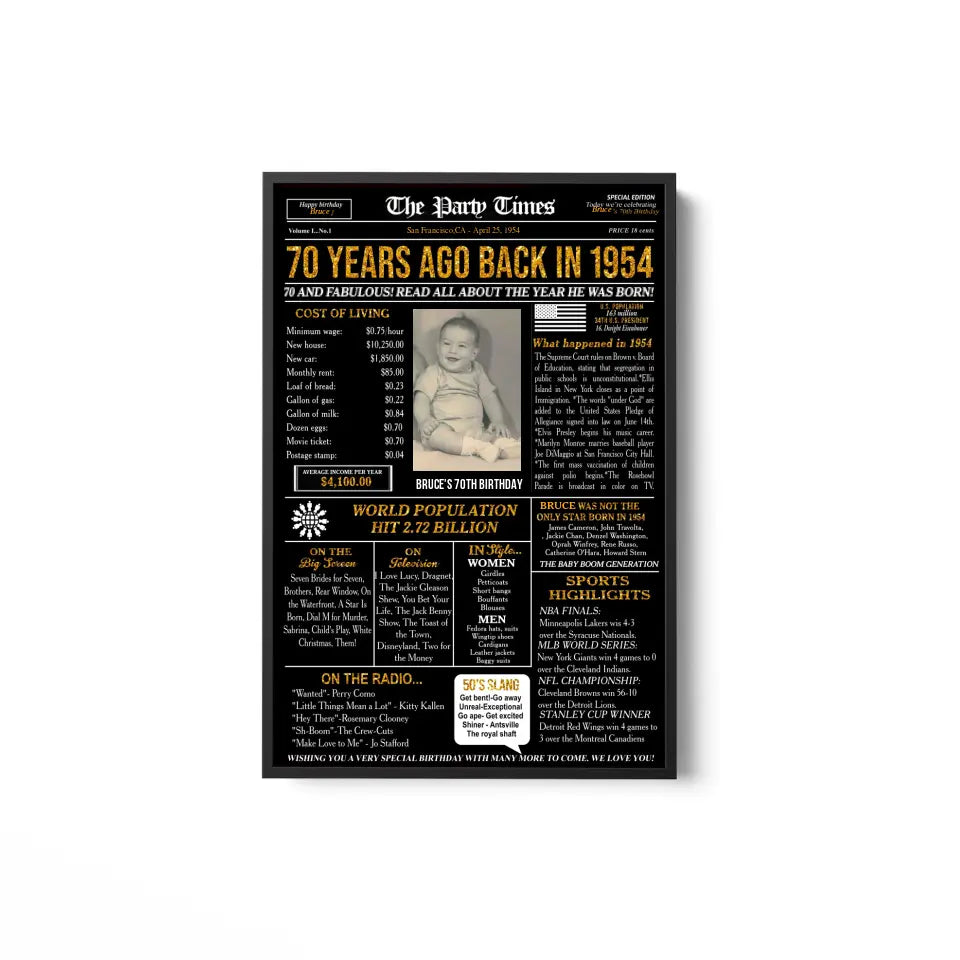 Personalized 70th birthday gift for men or women, 70th birthday newspaper poster, 70th birthday decor Printable, 70 years ago back in 1954